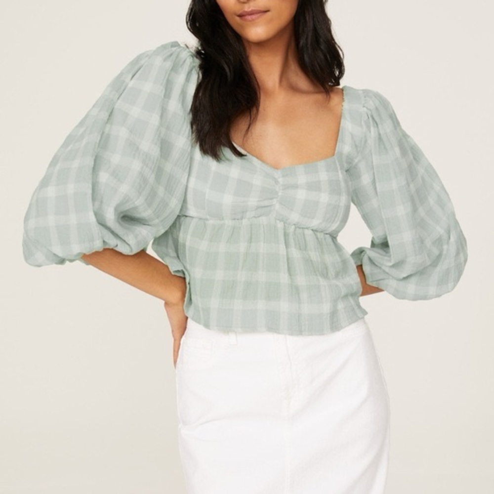 Show Me Your Mumu Cathy top in green and white plaid‎ with puff sleeves